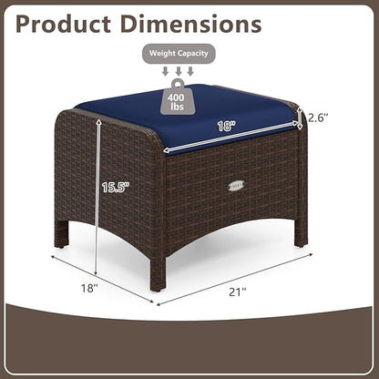 RELAX4LIFE Wicker Outdoor Ottomans for Patio - Set of 2 Rattan Footstools w/Removable Cushions, Multipurpose Outside Foot Rest, Side Table & Additional Seating for Porch Garden Backyard (Navy)