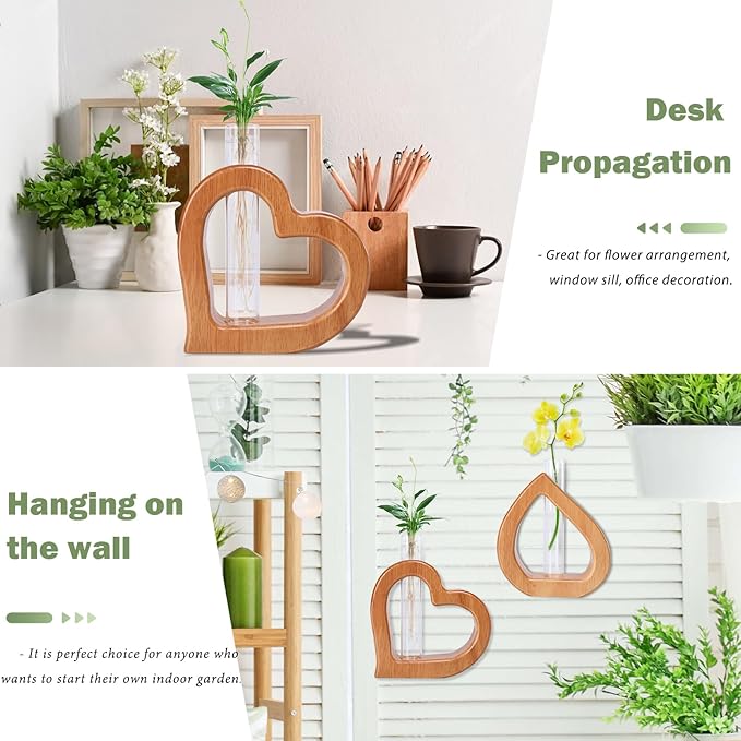 Terrarium Set of 2 with Heart-Shaped Wood Stand and Glass Tube