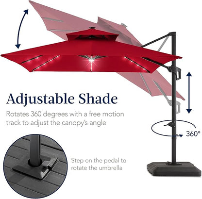Best Choice Products 9x12ft LED Cantilever Patio Umbrella w/Base Included & 360° Rotation, Large Solar Offset Hanging Outdoor Sun Shade for Deck, Backyard Table w/Stand & Lights – Red