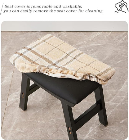 Foot Stool,Ottoman,Bamboo Small Sofa Foot Rest Under Desk,Extra Seating for Living Room, Bedroom and Kitchen (Black Stool Legs - Stripes Surface)