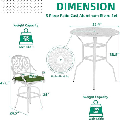 VIVIJASON 5-Piece Patio Swivel Bar Stools Set, All Weather Cast Aluminum Outdoor Bar Height Bistro Set with 4 Cushioned Bar Chairs & 35.4" High Bar Table w/Umbrella Hole for Backyard, Lawn, White