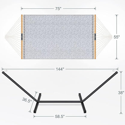 Two Person Hammock with Stand for Outside Heavy Duty, Outdoor Patio Hammock with Portable Steel Stand, Large Double Hammocks with Quick Dry Textilene Fabric,480lbs Capacity.(Grey White)