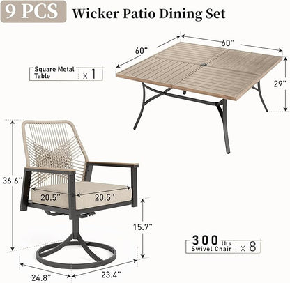 Patio Dining Set 9 Piece, 8 x Woven Rattan Swivel Chairs with Waterproof Cushion, 60" Square Wood-Like Metal Table with Umbrella Hole, Outdoor Table and Chairs Set for Backyard Lawn and Deck, Beige