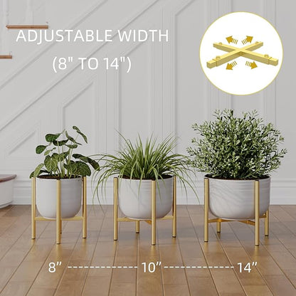 Adjustable Metal Plant Stand Indoor, Mid Century Modern Outdoor Planter Holder for 8 to 14 Inch Pots, Heavy Duty 160 LB Load, Corner Floor Stand for Home Garden Decor Golden 2 Pack