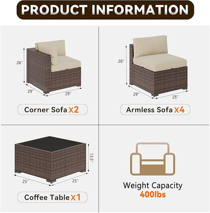 Aoxun Patio Furniture Sets, 7-Piece Outdoor Patio Furniture with Thick Cushions, Wicker Outdoor Conversation Set Sectional Sofa for Backyard, Poolside, Garden(Cream-Browm, 7 x 25.6 - Seats)