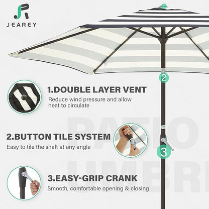 JEAREY 7.5FT Patio Umbrella Outdoor Market Umbrella with 6 Sturdy Ribs, Push Button Tilt/Crank Table Umbrella for Garden, Deck, Backyard and Pool, Beige & Black Stripe