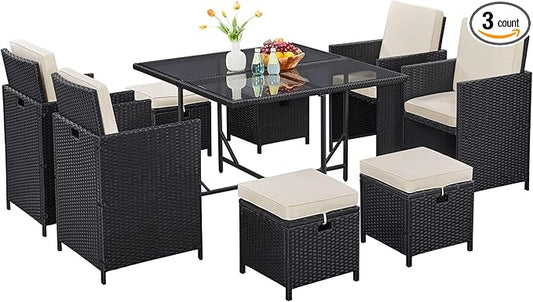 Yaheetech 9-Piece Patio Dining Sets, Outdoor Space Saving Rattan Chairs with Glass Table, Wicker Sectional Conversation Furniture Set with Removeable Cushions, Black/Beige