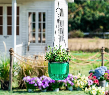Melphoe 2 Pack Self Watering Hanging Planters Indoor Flower Pots, 6.5 Inch Outdoor Hanging Plant Basket, Hanger with 3Hooks Drainage Holes for Garden Home (Emerald + Gray)