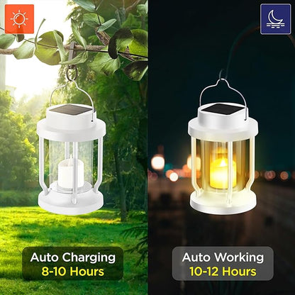 Solar Lantern Outdoor & Indoor Use – Hanging Solar Lights with Realistic Flickering Flameless Candle, Weatherproof for Gardens, Patios, Trees, and Lawns (White, 4 Pack)
