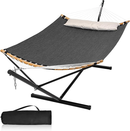 Double Hammock with Stand, Quick Dry Hammock with 12FT Stand for Outside, Poolside, 450 Lbs Capacity, Dark Grey