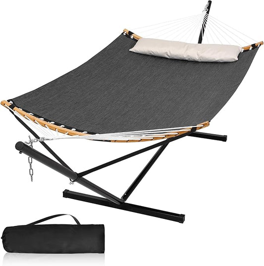 Double Hammock with Stand, Quick Dry Hammock with 12FT Stand for Outside, Poolside, 450 Lbs Capacity, Dark Grey