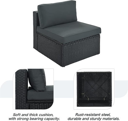 Merax 7-Piece Outdoor Wicker Sectional Sofa Set,Modular Rattan Conversation Set with Gray Cushions,Striped Green Pillows & Tempered Glass Coffee Table for Patio,Garden,Deck,Black