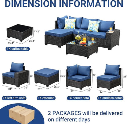 Jing's Villa 5-Piece Patio Furniture Set, All-Weather Outdoor Wicker Sectional Sofa with Cushions, Tempered Glass Table & Ottoman,Rattan Conversation Seating for Porch, Garden, Backyard,Navy