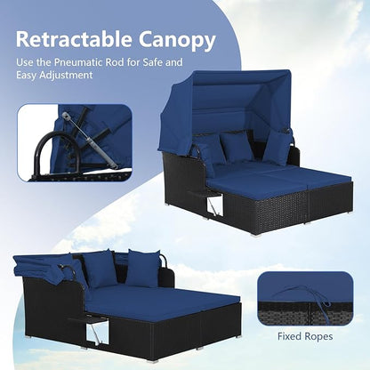 COSTWAY Outdoor Daybed with Retractable Canopy, Wicker Patio Furniture Set with Cushioned Pillows, Patio Rattan Daybed for Deck, Backyard, Poolside (Navy)