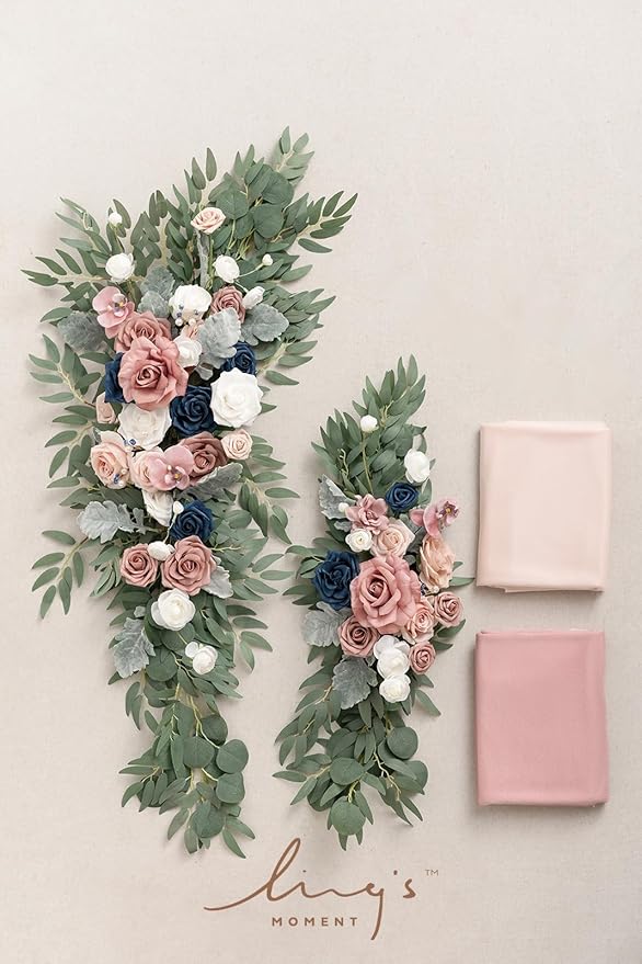 Artificial Flowers Wedding Arch Kit, Dusty Rose and Navy, Chiffon Drapes