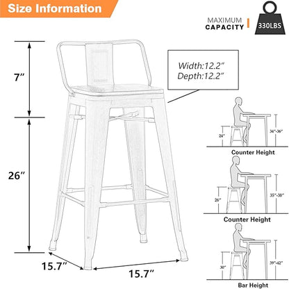 Yongchuang 26" Metal Bar Stools Set of 4 Counter Height Barstools with Wood Top Low Back Matte Black