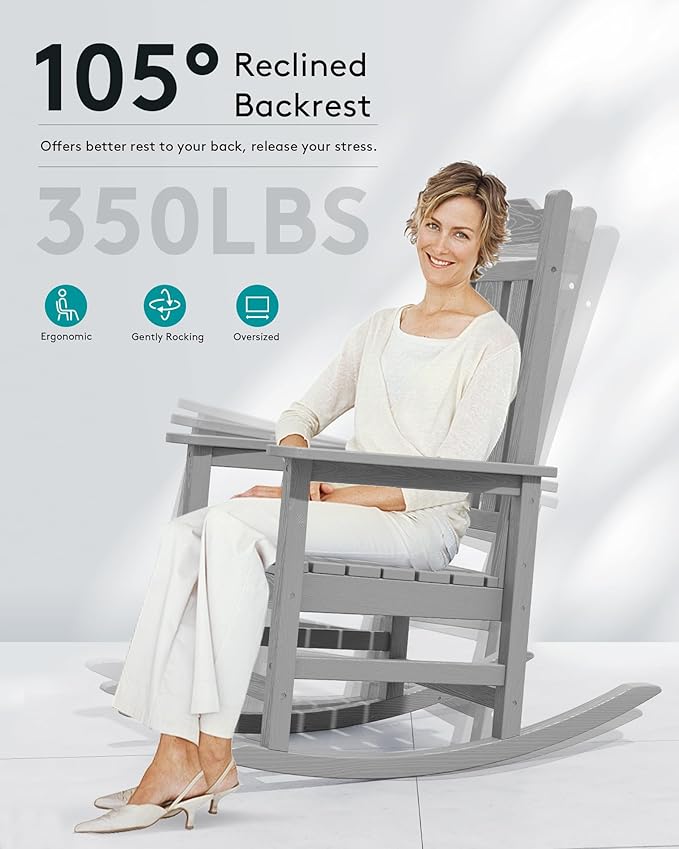 Rocking Chairs in Space Grey, HDPE Wood Texture, 350 lb Capacity, Outdoor Use