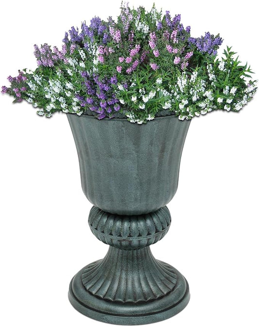 Athena Collection 20''H Garden Plastic Urn Vintage Tall Planter Urn Patio Large Flower Pot Porch Planter Large Planter for Indoor Outdoor Plant, Dark Green