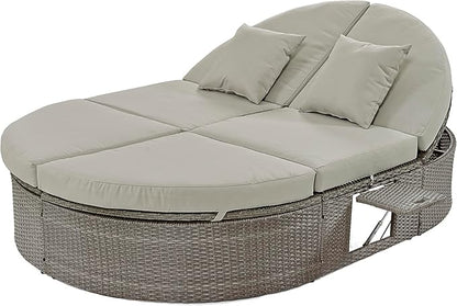 Merax Outdoor Sun Bed Patio 2-Person Daybed with Cushions and Pillows, Rattan Garden Reclining Chaise Lounge with Adjustable Backrests and Foldable Cup Trays for Lawn, Poolside, Grey