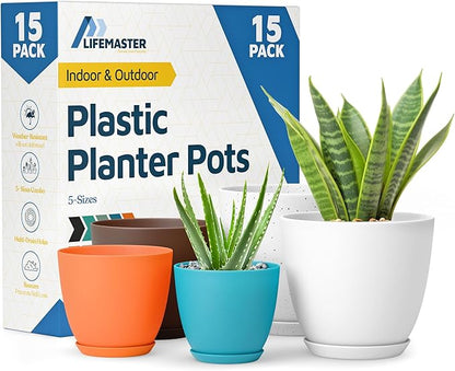 Multicolor Plant Pots with Drainage Holes & Saucers 15 Pack, Indoor & Outdoor Stackable Space-Saving Planters for Houseplants & Flowers, (7", 6.7", 6", 5.3", and 4.8" Inches), Durable & Weatherproof