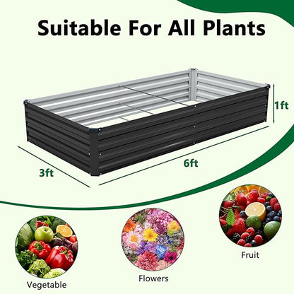 3 Pack 6x3x1FT Galvanized Raised Garden Bed Kit, Outdoor Metal Planter Box for Vegetables, Bottomless Rectangular Gardening Bed with Support Rods, Tool-Free Assembly, Black