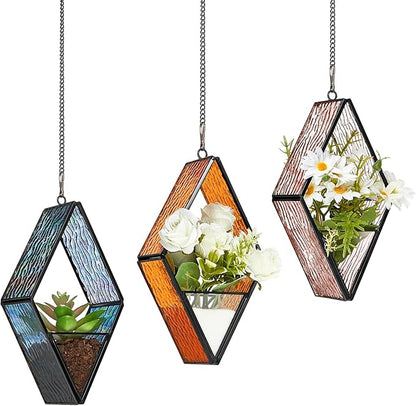 Yaomiao 3 Pcs Stained Glass Hanging Plant Terrariums Hanging Glass Planter Small Geometric Terrarium Air Plant Terrarium with Chain for Succulent Moss Holders Garden Wall Windowsill (Vivid Color)