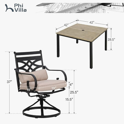 PHI VILLA 5 Pieces Outdoor Dining Set for 4, 42" Square Brown Metal Table & Wrought Iron Swivel Chairs, All Weather Large Outside Furniture with Cushions & Pillows for Patio, Deck, Porch