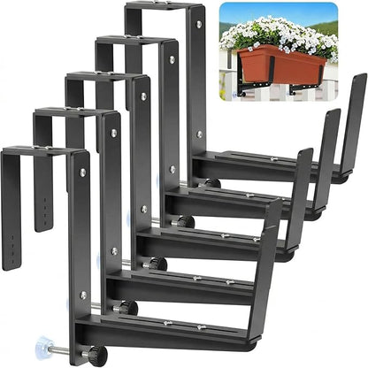 Window Box Brackets, Adjustable Planter Box Brackets, Heavy Duty Iron Flower Box Brackets for Railings, with Enhanced Bottom Support - Perfect for Balconies, Fences, and Gardens (Black, 6 Pack)
