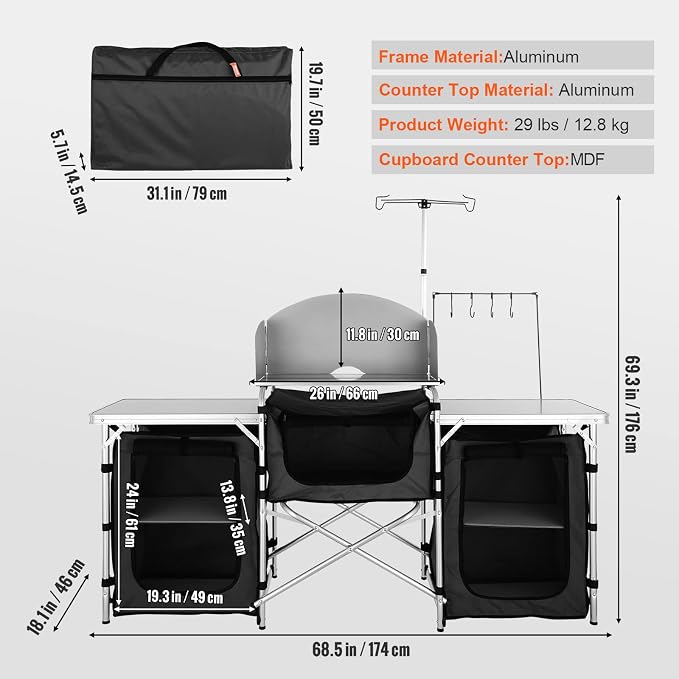 Folding Camping Kitchen Table with Windscreen and Storage, Black