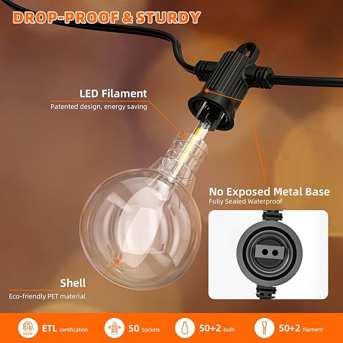 String Lights, 100 FT LED Outdoor Patio Lights, 50 Clear Bulbs