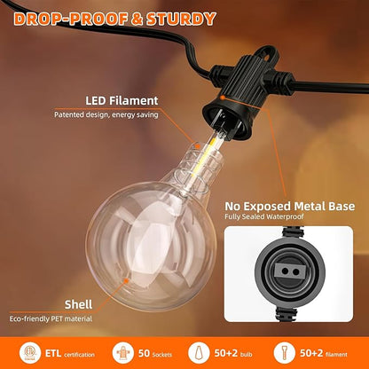 String Lights, 100 FT LED Outdoor Patio Lights, 50 Clear Bulbs