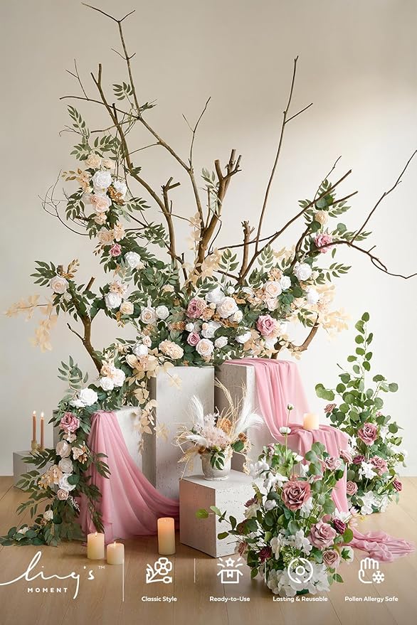 Artificial Flower Garland, 6 Ft Eucalyptus and Willow Leaf, White Beige