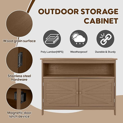 HIPS All-Weather Outdoor Storage Cabinet,Outdoor Sideboard with Magnetic Doors,3-Shelves Patio Storage Cabinet, Used for Garden,Buffet Cabinet,TV Stand, Bar Table,Balcony