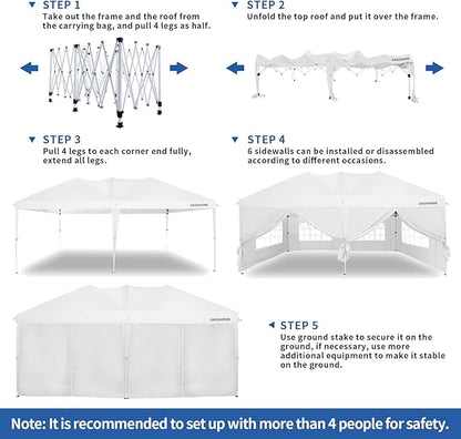 OASISHOME Pop-up Gazebo Canopy Tent 10'x20' with 6 Removable Sidewalls, Windows, Stakes, Ropes, Carry Bag,Suitable for Patio, Outdoor, Wedding Parties&Commercial Events (White, 10X20)