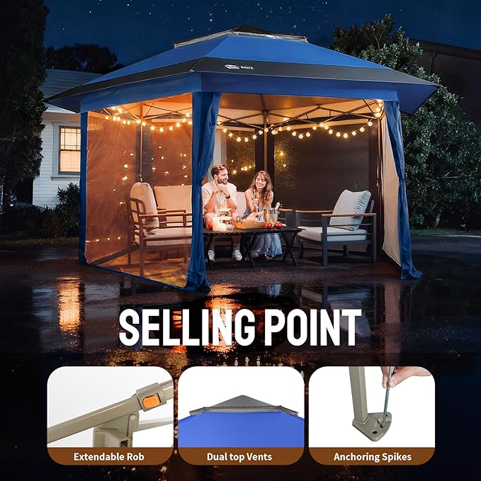 CROWN SHADES 12x12 Pop Up Gazebo with Mosquito Nettings, Patented Center Lock 6-Sided Portable Gazebo, 300D Silver-Coated Fabric UV Resistant, Pop Up Canopy Tent for Patio, Party, Blue&Light Grey