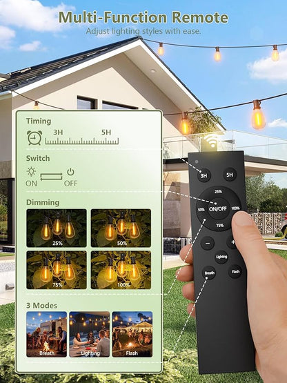 luckystyle 50FT Solar String Lights Outdoor Waterproof 2200K with Remote & USB Charging, 18+1 LED Shatterproof Bulbs, Dimmable & Timable, 3 Light Modes, Long Last for Garden,Patio, Backyard, Camping