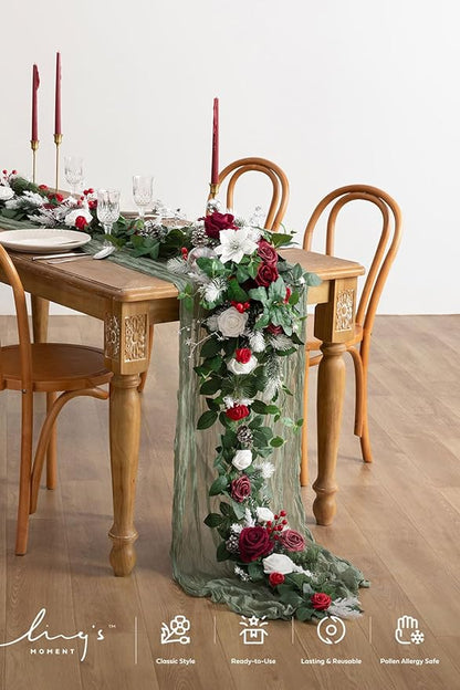 Artificial Flower Garland, Red Eucalyptus and Willow Leaf 6 Ft Table Runner