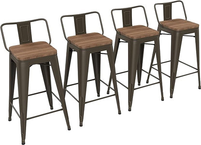 Yongchuang 24 inch Bar Stools Set of 4 Metal Counter Height Bar Stools with Wood Seat Kitchen Low Back Barstools Gunmetal