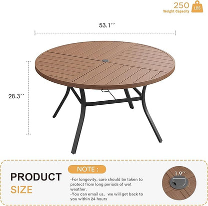 VICLLAX Round Patio Table with Adjustable Umbrella Hole for 8, All Weather Metal Outdoor Dining Table for Lawn Garden, 53.1" Outdoor Coffee Table, Walnut Wood-Like Tabletop
