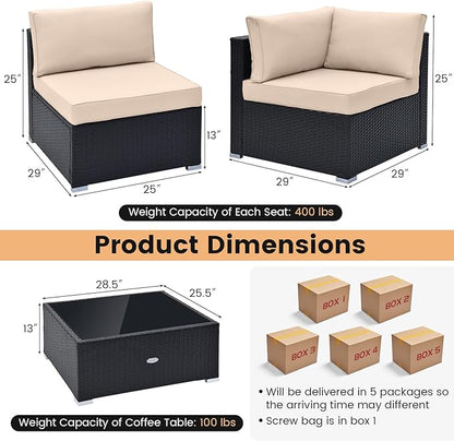 Tangkula 10 Pieces Patio Sofa Set, Outdoor Wicker Conversation Set with Soft Cushions, Tempered Glass Tabletop, Sofa Fastener Clips Included, Rattan Furniture Set for Backyard, Poolside (Beige)