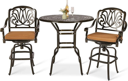 VIVIJASON 3-Piece Patio Swivel Bar Stools Set, All Weather Cast Aluminum Outdoor Bar Height Bistro Set with 2 Cushioned Bar Chairs & 38.5" High Bar Table w/Umbrella Hole for Backyard, Lawn, Garden