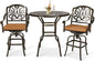 VIVIJASON 3-Piece Patio Swivel Bar Stools Set, All Weather Cast Aluminum Outdoor Bar Height Bistro Set with 2 Cushioned Bar Chairs & 38.5" High Bar Table w/Umbrella Hole for Backyard, Lawn, Garden