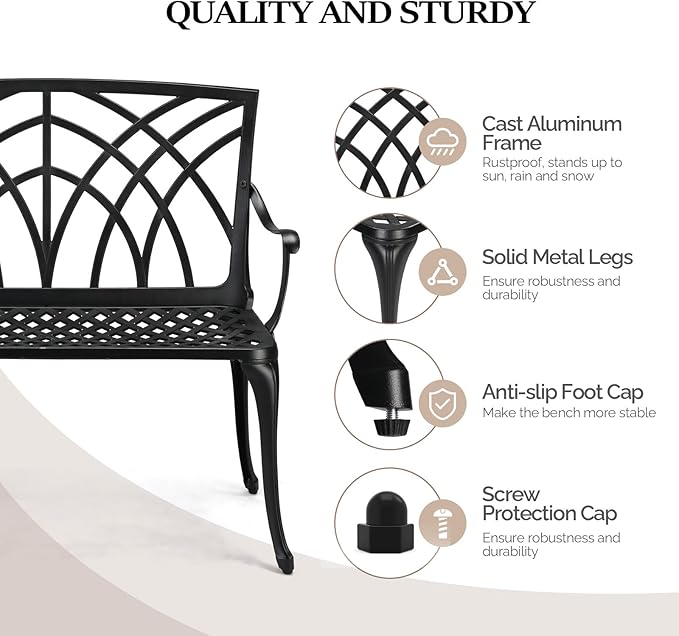 VINGLI 38" Outdoor Metal Bench, Cast Aluminium Garden Bench, Weatherproof Antique Finish Orchid Chair, 1-2 Person Seat Deck Furniture for Porch Entryway Patio (Black)
