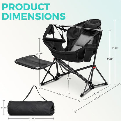 Ainfox Hammock Camping Chair with Footrest, Foldable Portable Rocking Chairs for Adults Outside Swinging Camp with Cup Holder Pillow for Outdoor Patio Poolside (Dark Black)