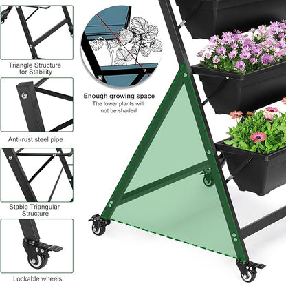 Outvita 4.4 FT Vertical Garden Bed, 5 Tier Vertical Raised Planter, Removable Black Raised Bed Box with 4 Wheels, Movable Elevated Vegetable Flower Planter for Patio Yard Indoor Outdoor