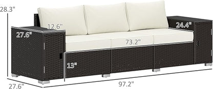 Outsunny 3 Seater Wicker Sofa with 2 Storage Side Tables and Thickened Cushions, Rattan Outdoor Patio Sofa with Wide Armrests, Wicker Outdoor Couch for Porch, Garden, Backyard, Cream White/Brown