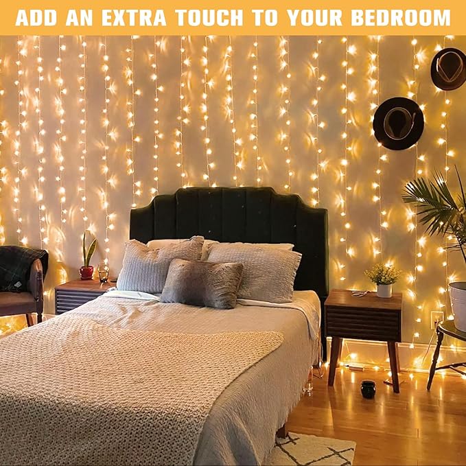 Curtain String Lights, 600 LED Warm White, 19.6 ft with Remote