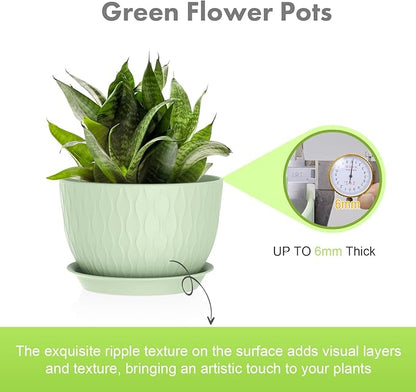 Large Flower Pots 12/10/9 inch, 3 Set Wide Plant Pots for Outdoor Indoor Plants with Water Ripples, Big Plastic Planters with Drainage Holes and Saucers for Garden House Plants, Green