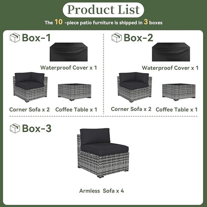 Aoxun 10 Piece Patio Furniture Set Wicker Rattan Patio Conversation Set Outdoor Sectional Sofa Set with Coffee Table and Thickened Cushions, Gray/Black(Waterproof Cover Included)