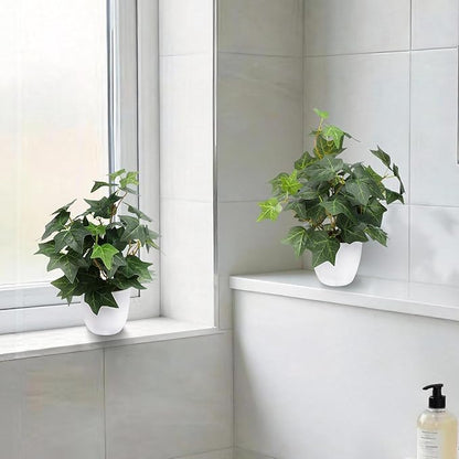alyptus Fake English Ivy Plants in Pots Set of 2 – Realistic Artificial Ivy Greenery for Home Decor, Tabletop, Office, Shelf, Balcony or Bathroom - Green with White Pots